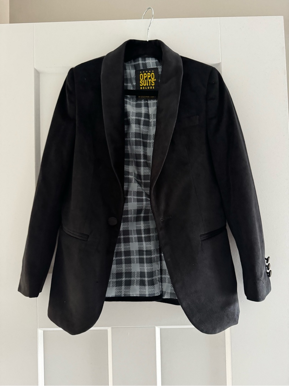 OppoSuits Kids Black Velvet Blazer with Gray Plaid Lining